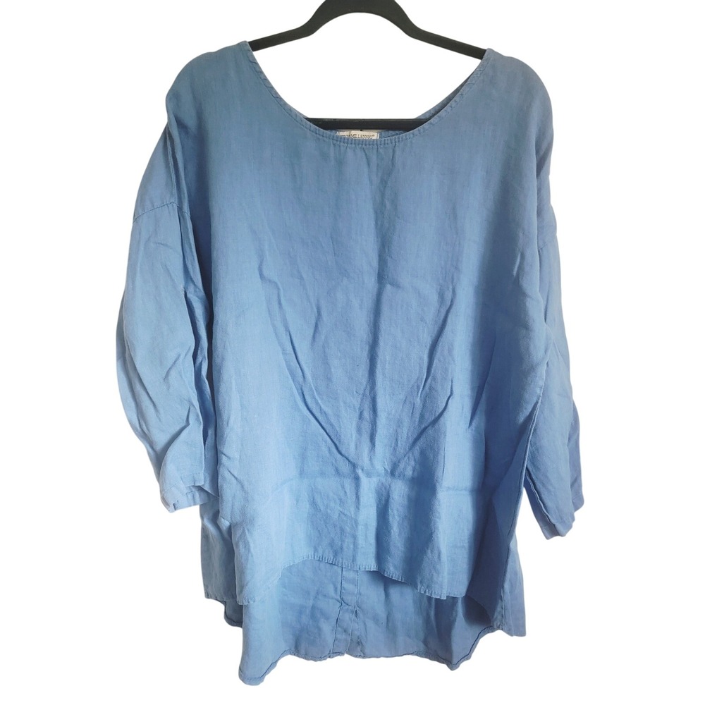 Terzo Millenio L Blue Button Linen Tunic Top Hi/Lo Casual Sleeve Blouse Size L